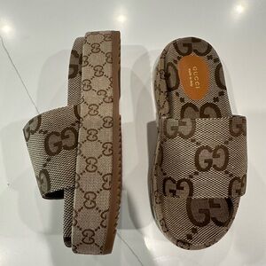 Gucci Beige Brown GG Canvas Slide Sandals